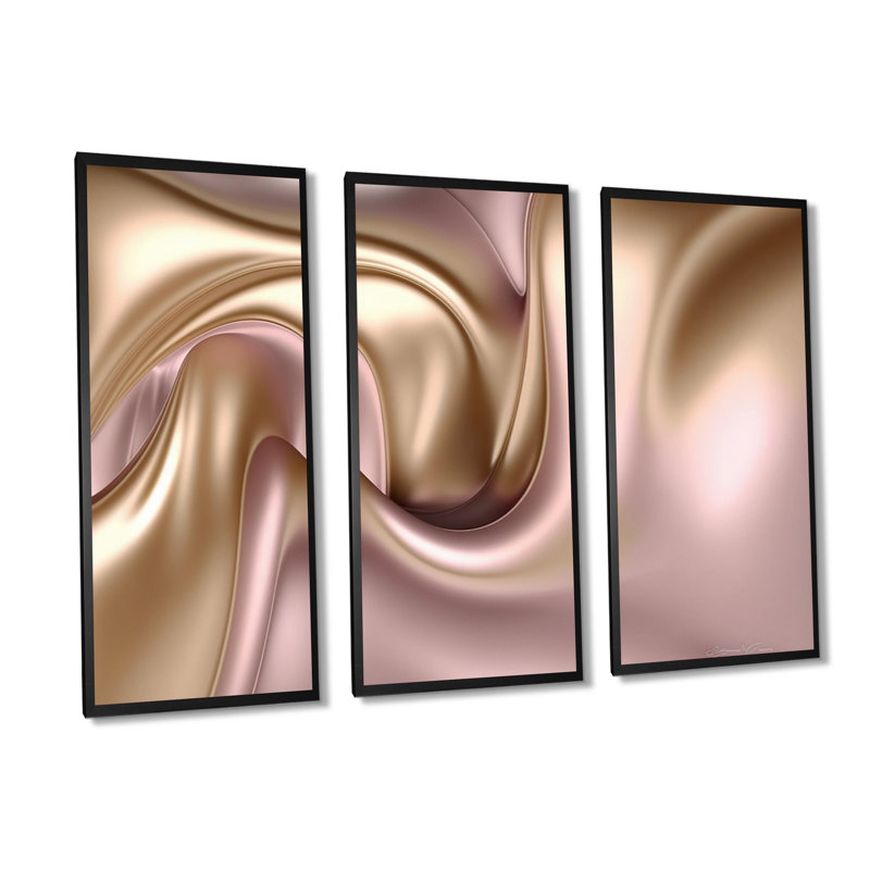 Or liquide lisse dans de douces nuances d'or et de taupe VI - 3 pièces sur toile, H 28 po x l 36 po x P 1 po