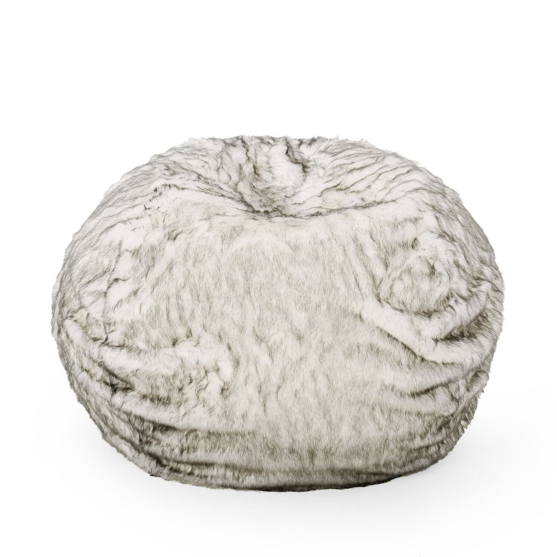 Negar 5 Foot Rounded Short Faux Fur Bean Bag, White/Grey Faux Fur