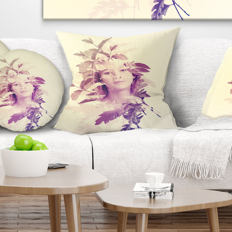 Portrait de femme avec des feuilles - coussin imprimé, 18 po x 18 po, Coussin décoratif