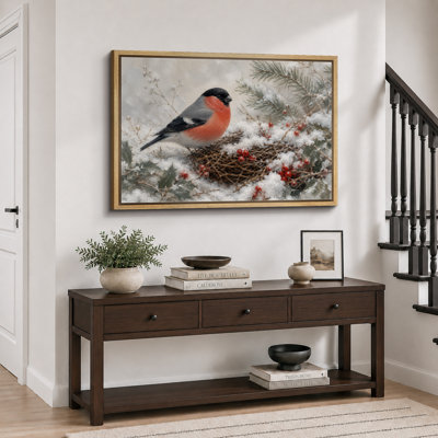 Red Cardinal Winter Bird Nest Artwork, Living Room Pictures, Framed Canvas Giclee Print Wall Art