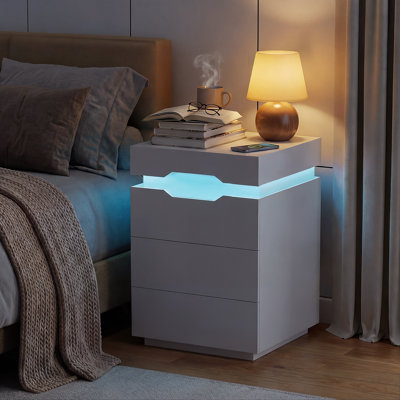 Modern LED Nightstand with Charging Station, 2/3 Drawers, Bedside Table with Ambient Lighting & Storage for Bedroom