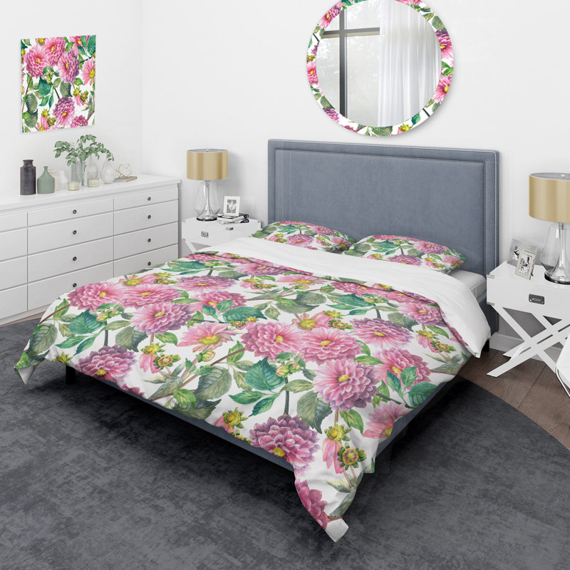 Fleurs roses et feuille verte - ensemble de housse de couette floral - microfibre de polyester