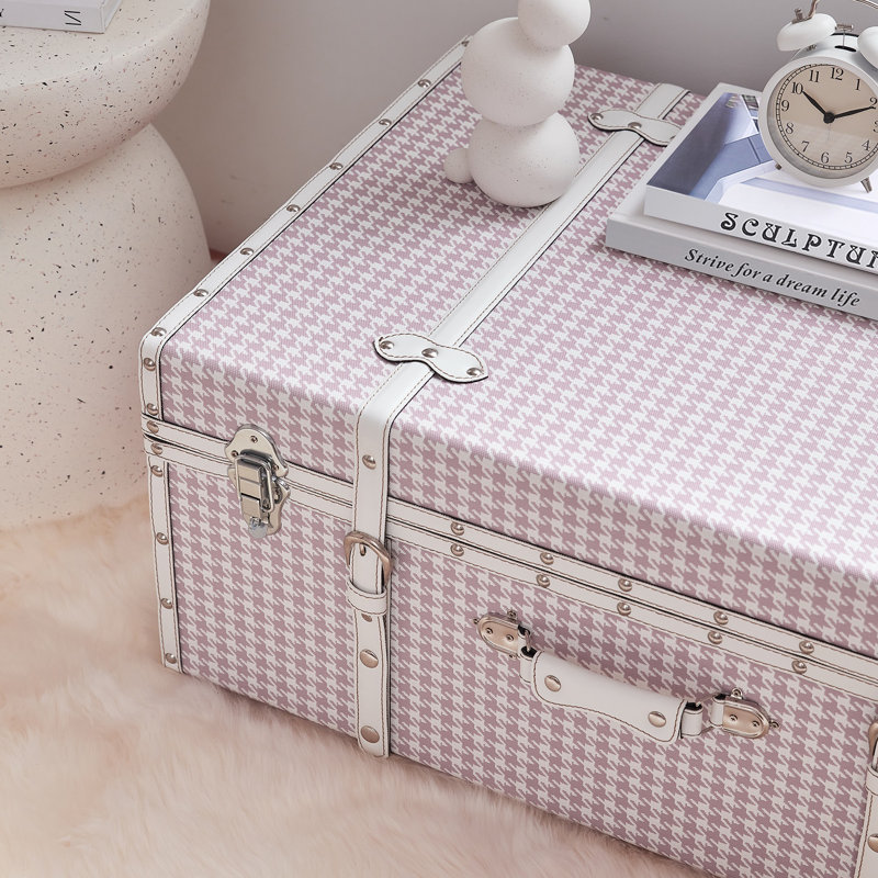 Preppy Houndstooth Designer Trunk with Wheels, Pink