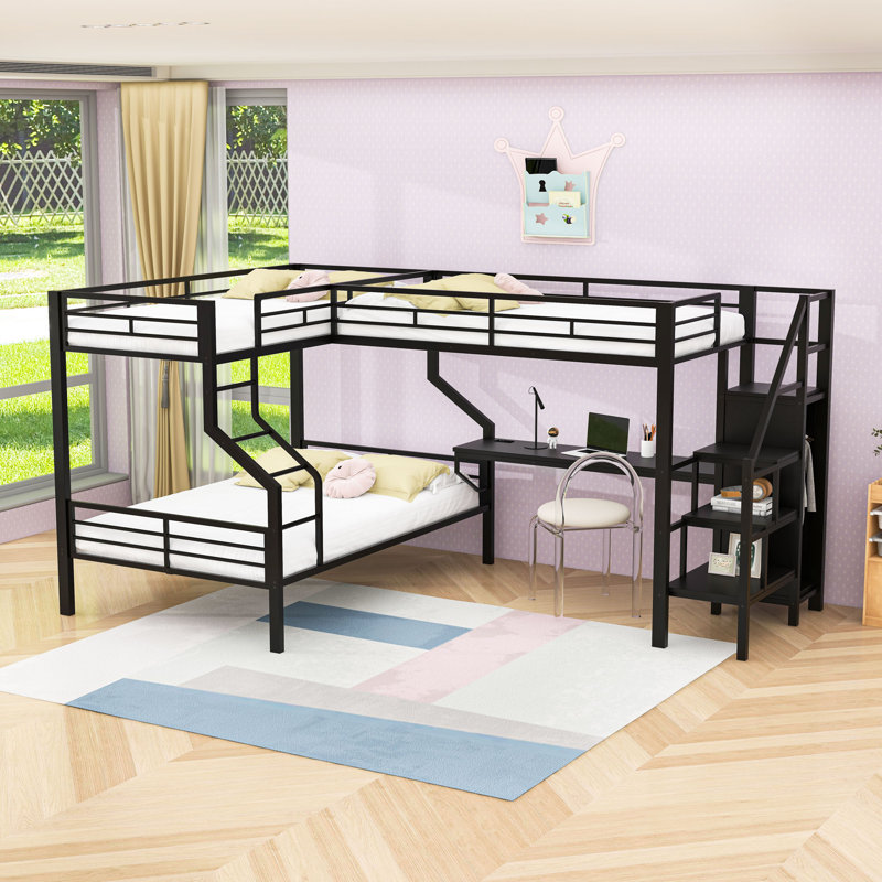 Lit superposé en L en métal avec garde-robe intégré et bureau USB