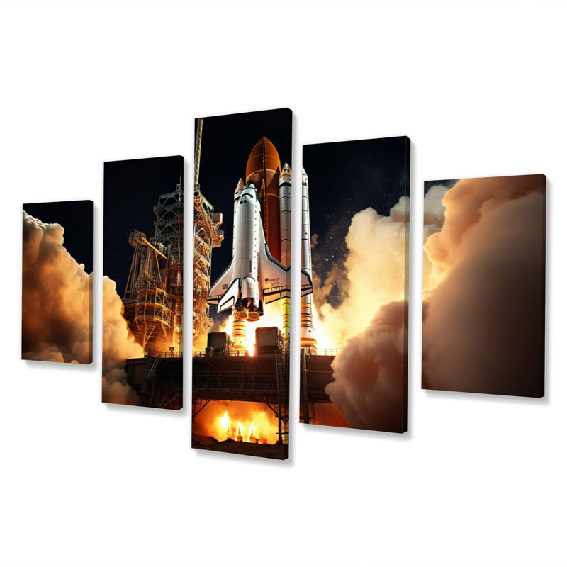 Space Shuttle Captivating Night Launch II - Space Shuttle Canvas Art Print - 5 Panels