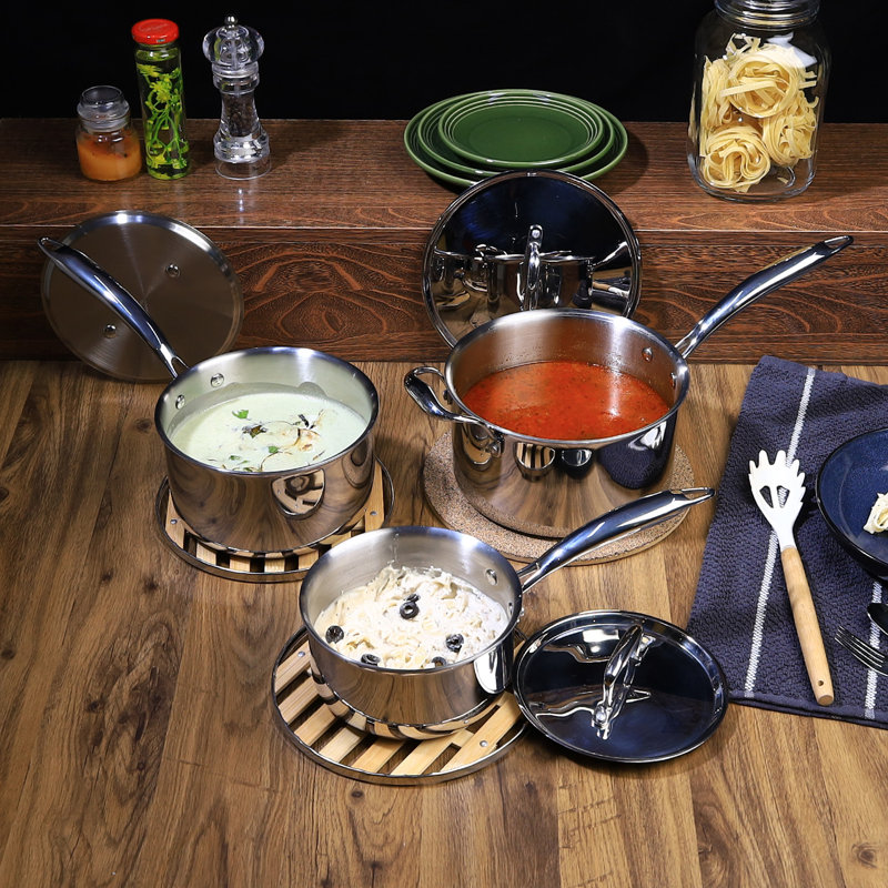 Buckingham Elite Tri-Ply 18/8 Stainless Steel Set of 3 Deep Sauce Pans with Lid