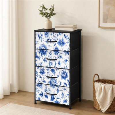 Commode 4 tiroirs pour chambre à coucher Bleu blanc floral élégant pivoines botaniques Petite commode en porcelaine rétro pour organisateurs de placard avec commode