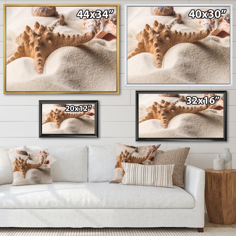 Étoile de mer et coquillage sur sable clair - photographie sur toile, Cadre érable, H 31 po x l 41 po x P 1,5 po