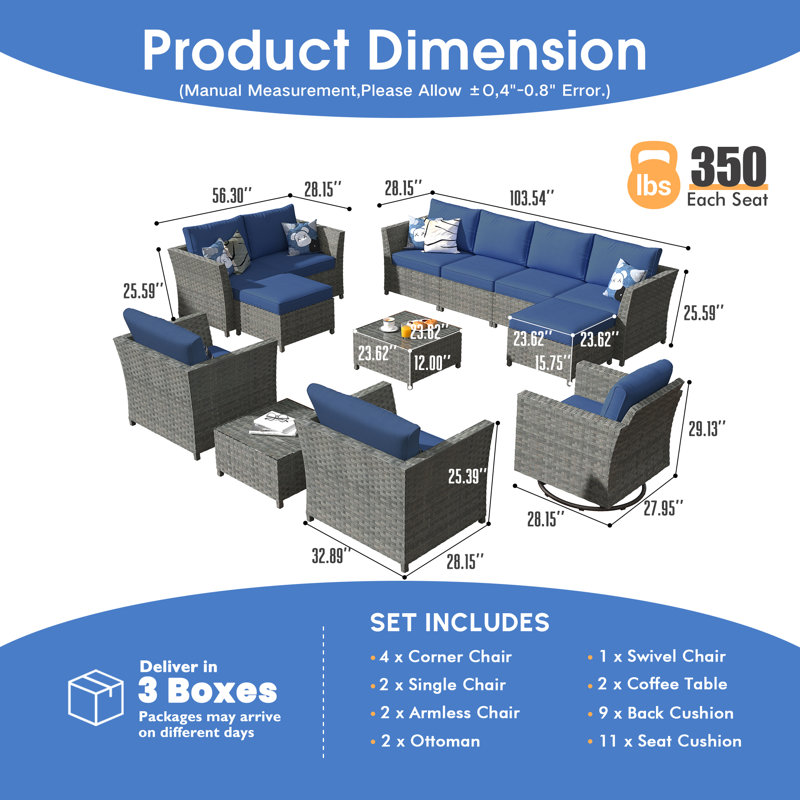 Kirill 9 - Person Patio Conversation Set with Cushions, Navy