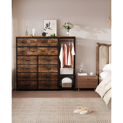 Commode tour de rangement en tissu avec 16 tiroirs et support à vêtements attaché, unité de rangement de vêtements autoportante, coffre de rangement spacieux pour la chambre à coucher pour les vêtements, les accessoires, la literie et le ménage quotidien
