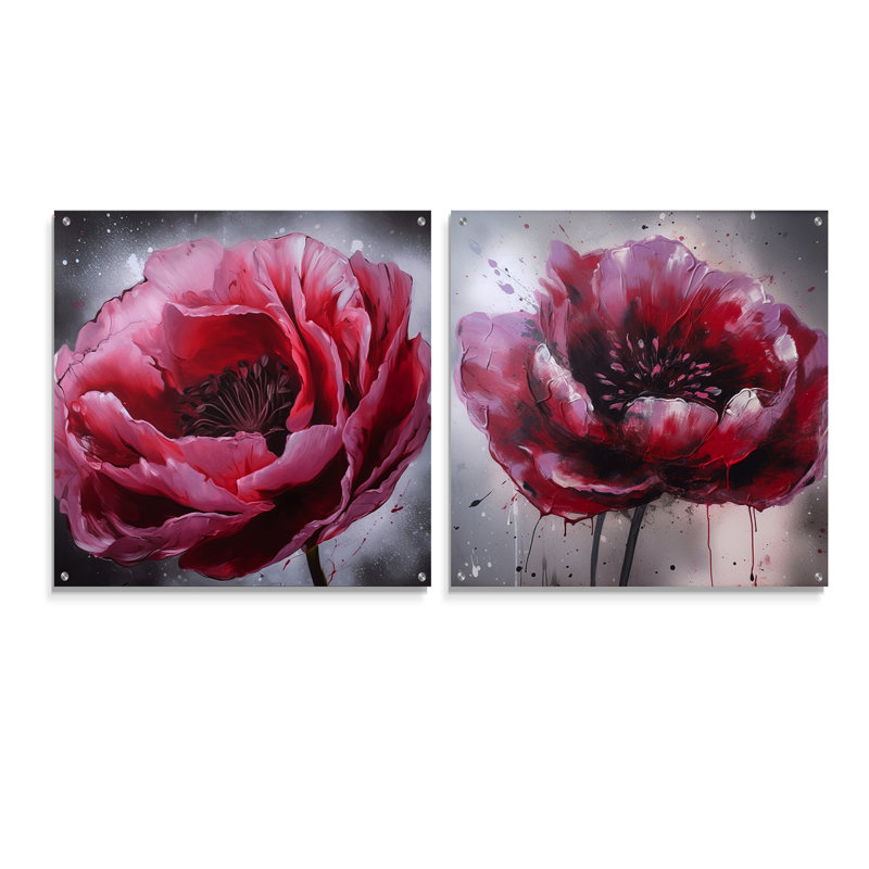 «Pink Delicate Poppy I», ensemble de 2 art mural en verre acrylique, H 16 po x l 33 po