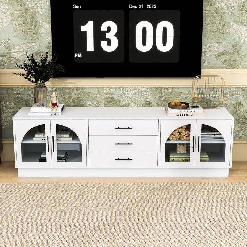 Meuble télé élégant avec portes en verre arquées, tablettes réglables et rangement spacieux, Blanc