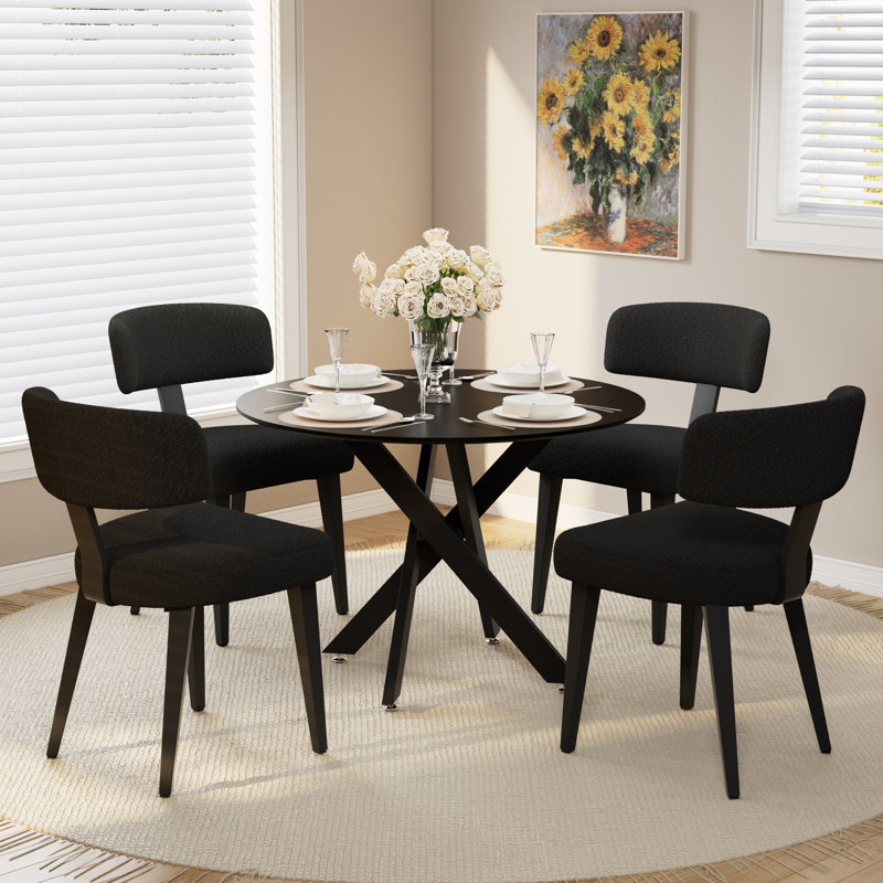 36in Round Dining Table with Black Teddy Side Chair, 5 Pieces: Table, 4 Chairs, Black