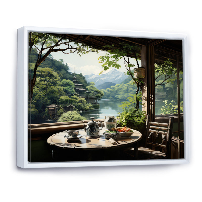 Art japonais, maison de thé Serenity - Art mural japonais, H 30 po x l 40 po x P 1,5 po, Cadre flottant blanc
