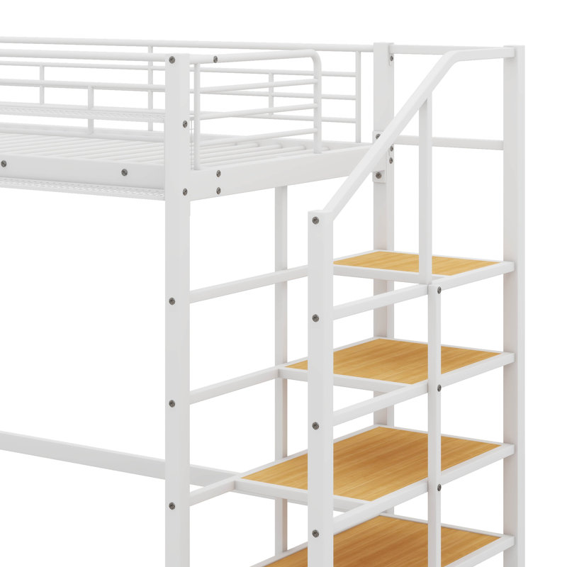 Metal Loft Bed In Twin Size, Featuring An Upper Mesh Storage Shelf, White