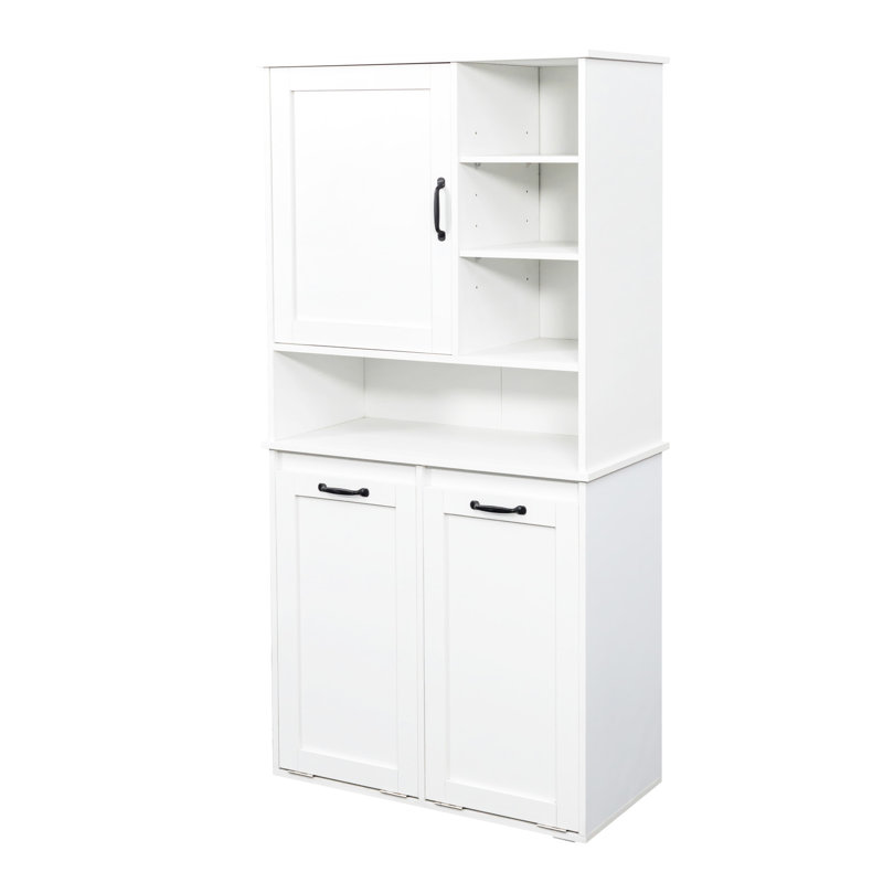 Armoire à linge blanche avec tablettes réglables - portes, tablette, panier inclinable, grand rangement autoportant, blanc