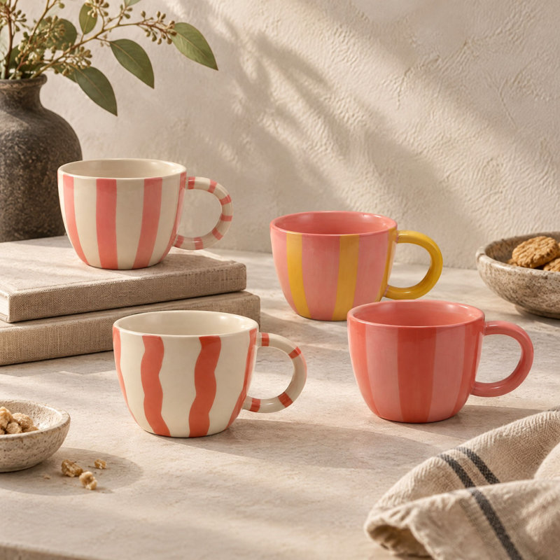 Hand-Painted Stoneware Striped Mug Set