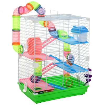 Pawhut 18" 5 Tier Hamster Cage With Tubes And Tunnels, Small Animal Cage With Portable Carry Handle, Rat Gerbil Cage With Water Bottle, Food Dish, Exercise Wheel