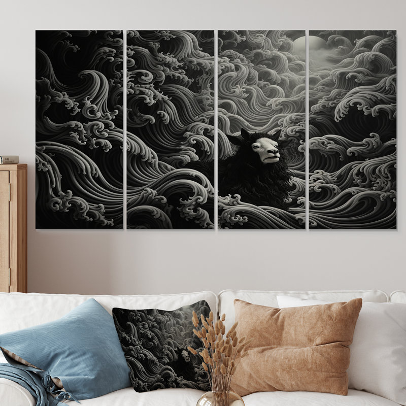 «Black and White Goat Abstract Portrait III - Chèvre», art mural 4 pièces, H 28 po x l 48 po