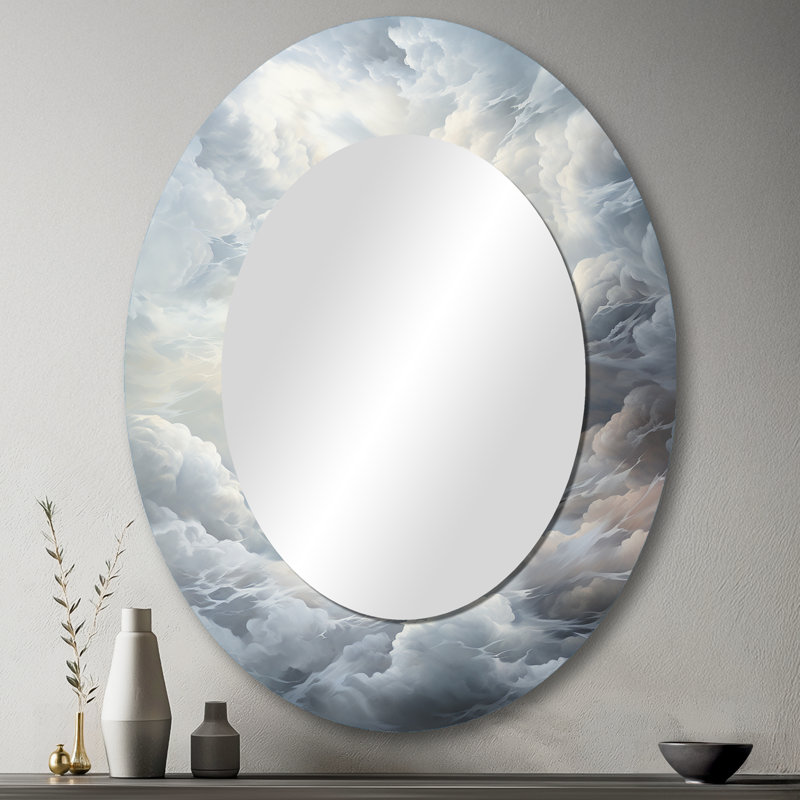 Clouds Whispering Clouds II - Gray Oval Wall Mirror Decor, 43" x 33"