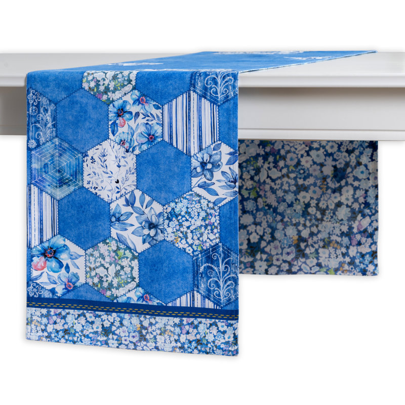 Summer Blues Floral 100% Cotton Table Runner, 72" H x 14.5" W