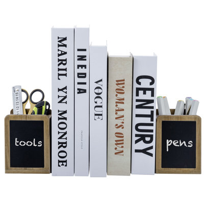 Acacia Pencil Holder Bookends with Chalkboard Labels