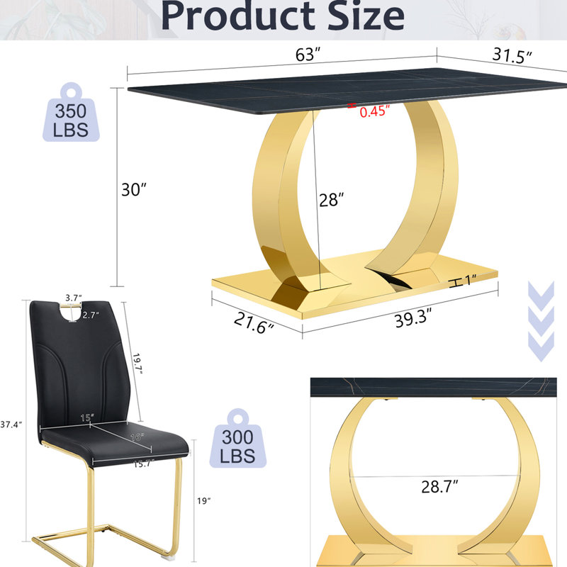 Table 63 po x 31,5 po avec plateau en pierre frittée. Jumelé 4 chaises noires avec pieds dorés. Dessus pour la maison et chaises modernes. Essentiels