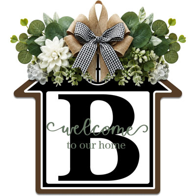 Décoration de couronne personnalisée avec porte d'entrée en eucalyptus personnalisée avec nom de famille, guirlande de ferme toutes saisons pour porche, vestibule et cadeau de maison suspendue (lettre B)