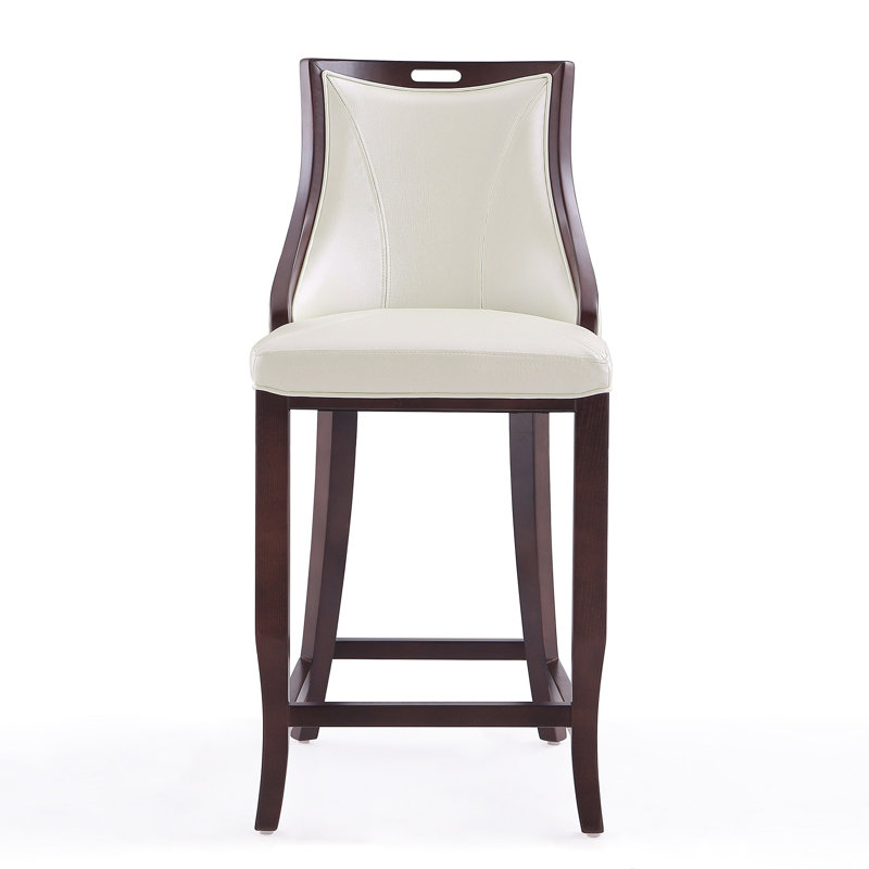 Emperor Traditional Vegan Leather Upholstered Beech Wood Bar Stool in Pearl White, Pearl White