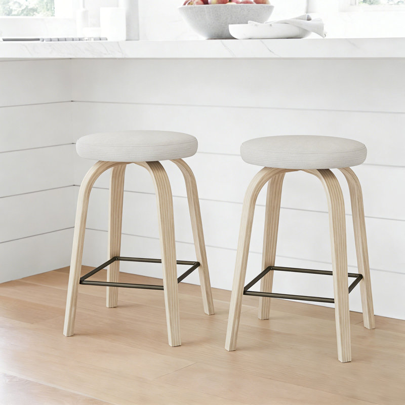 26″ Bar Stools,Mid-Century Modern Swivel Upholstered Counter Stool with Soild Wood Leg Frame (Set of 2), Beige