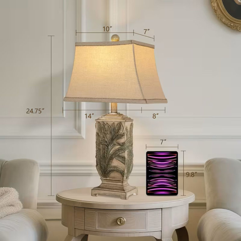 25" Vintage Table Lamps | Rustic Retro Beside Lamp Set Of 2, Farmhouse Resin Table Lamp For Living Room Bedroom Nightstands, Rotary Switch, Carved Leaf, 3 Color Temperature, Linen Shade, 2 Bulbs Included