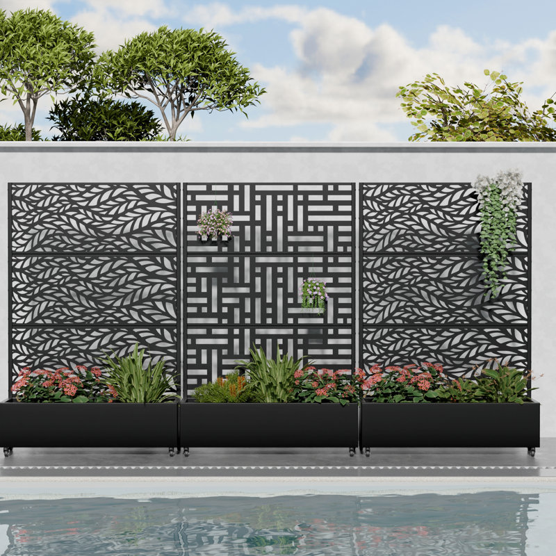 72" H X 141" W X 16" D Two-tone Outdoor Metal Planter Box with Lattice Panel Trellis Indoor Privacy Screen Decor Raised Garden Bed with Wheels