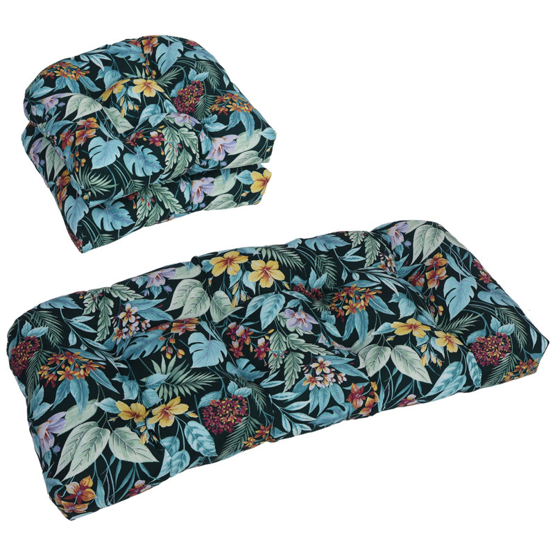 Rounded Back Outdoor Settee Cushion Set (Set Of 3), Blue/Green/Carena Teal Floral