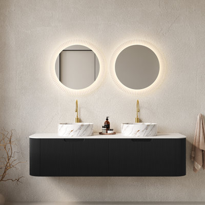Meuble-lavabo flottant 60 po avec 2 lavabos en céramique à motif de pierre et 2 tiroirs Richmond (robinet non inclus)