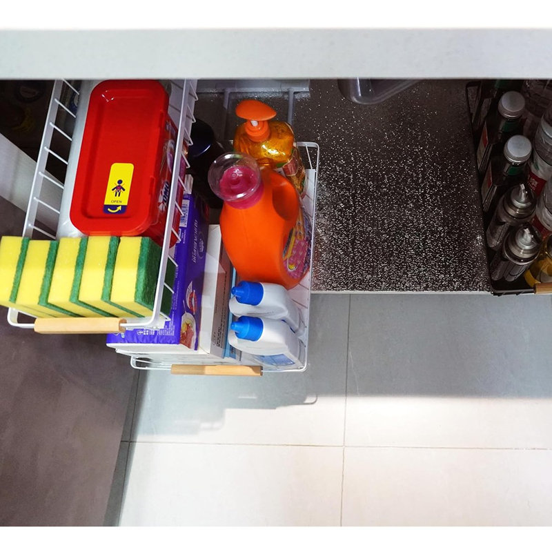 Ensemble de 2 tablettes coulissantes sous le lavabo à 2 niveaux - Armoire de rangement en métal à hauteur réglable pour la cuisine, la salle de bain et le garde-manger, noir