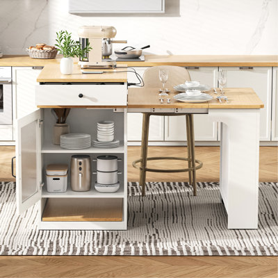 59.5" Kitchen Island with Extendable Dining Table, Kitchen Storage Table with Double-sided Storage, Kitchen Island with 2 Drawers, Power Outlet, Side
