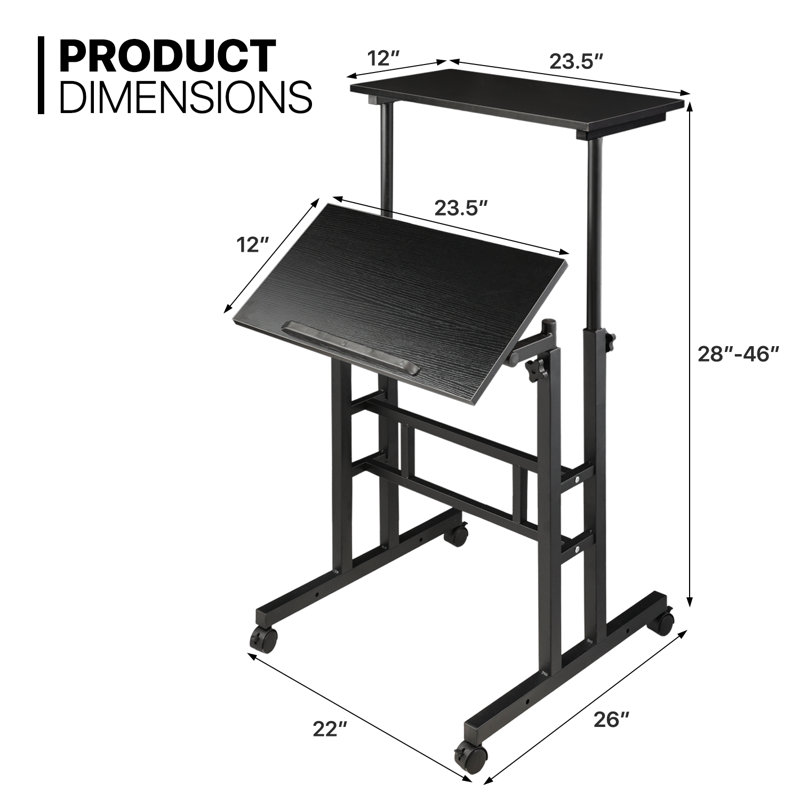 Adjustable Rolling Computer Desk Mobile Tiltable Laptop Tray with Shelf, Black
