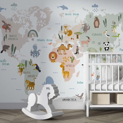 Kids World Map Wall Mural | Cute Animals Pastel Nursery Map Wallpaper | Non-Woven or Peel and Stick
