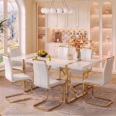 7-Piece Modern Glam Rectangular High-Gloss Dining Table Set with Faux Leather Cantilever Chairs