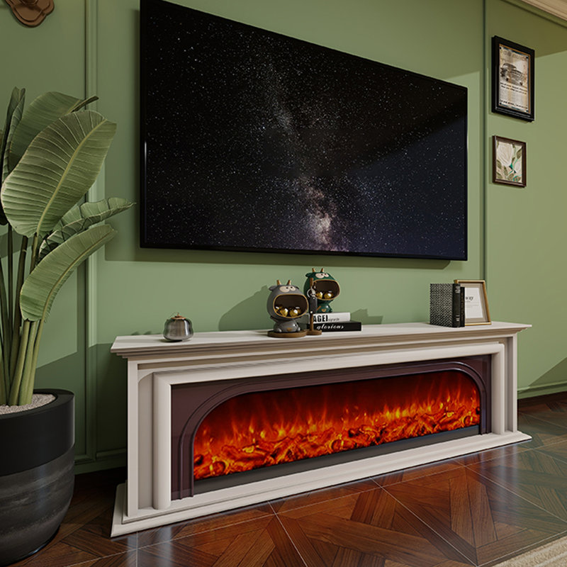 Beige Wood TV Cabinet Fireplace, 29.53" H x 70.87" W x 29.53" D