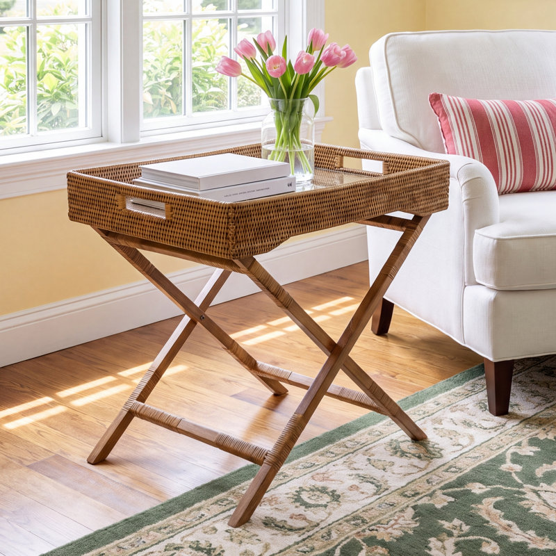 Sammy Artifacts Rattan Tray Top End Table, Honey Brown, With Glass