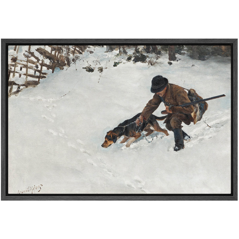 «Hunter with hound in Snowy Scene», reproduction d'art sur toile encadrée, impression de giclée sur toile, H 16 po x l 24 po