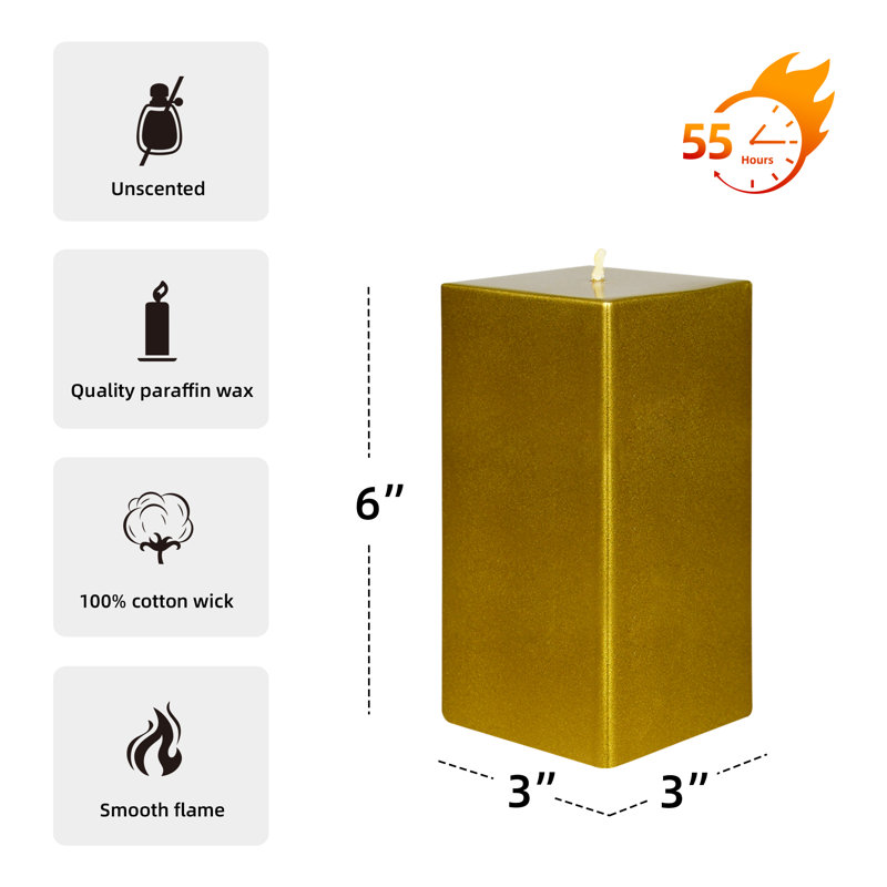 Bougie colonne, H 6 po x l 3 po x P 3 po, Or métallique, Ensemble de 12
