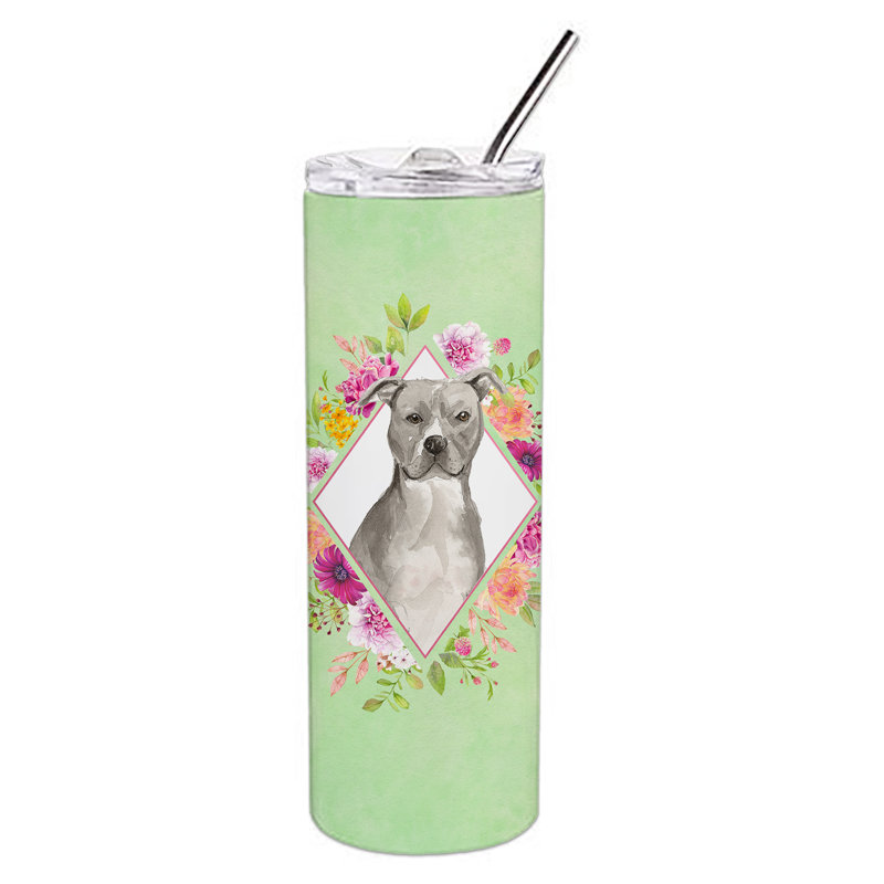 20oz. Stainless Steel Double Wall Glass, Blue Pit Bull Terrier, Green