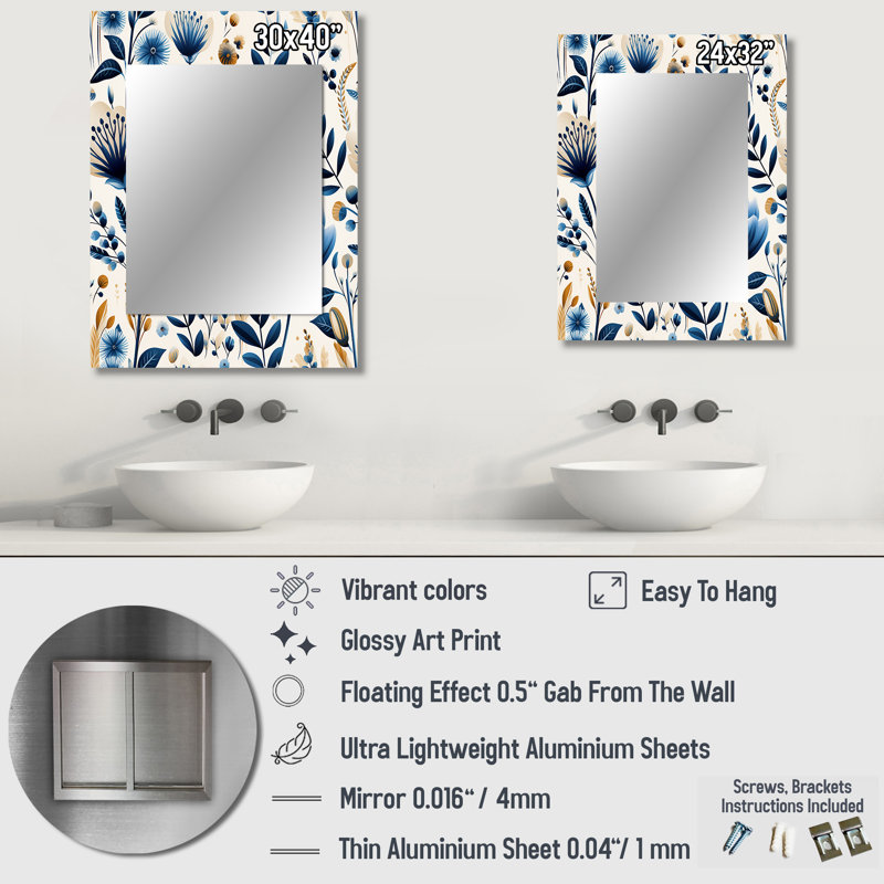 Nordic Blue Bloom Scandinavian Floral - Floral Mirror Wall Decor, 32" x 24"