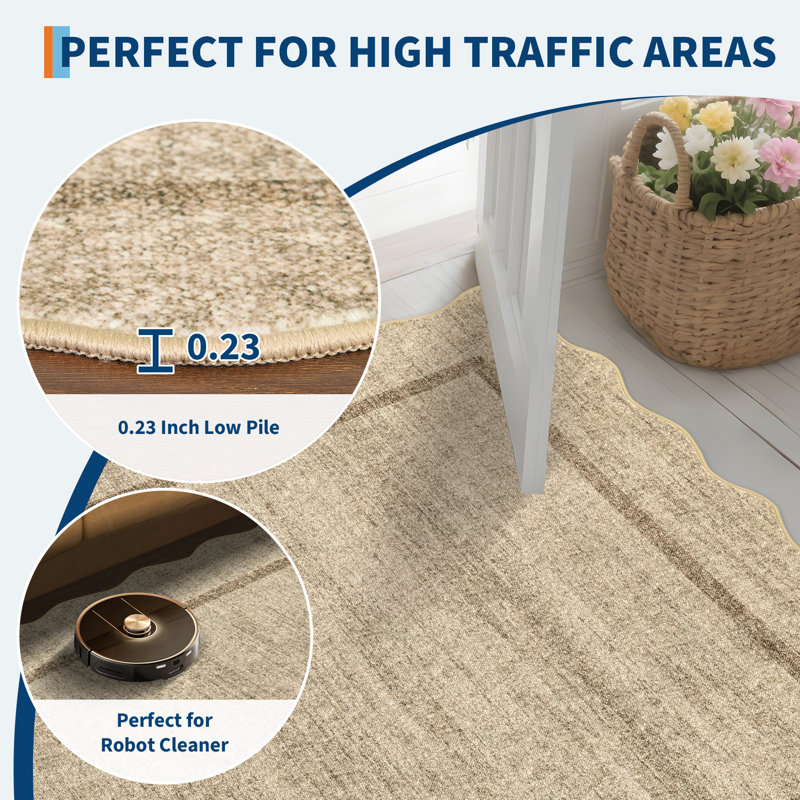 Scalloped Area Rugs Non-Slip Bordered Floor Mats, Non-Shedding Soft Low Pile Modern Accent Rugs, Washable Farmhouse Indoor Carpet for Living Room, Bedroom, Office