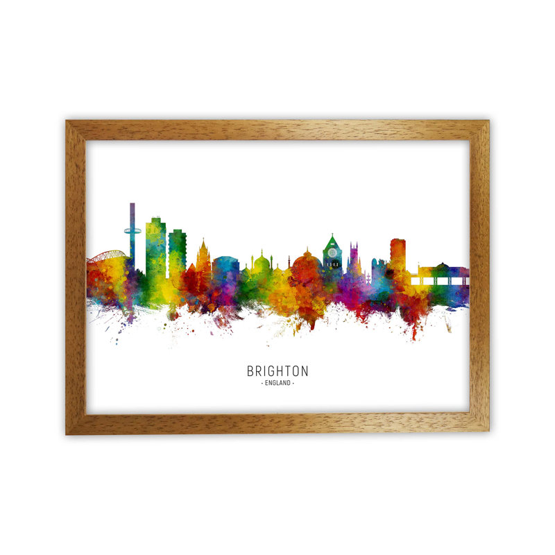 Brighton England Skyline by Michael Tompsett - Print, 64cm H x 88cm W x 3cm D, Brown Framed