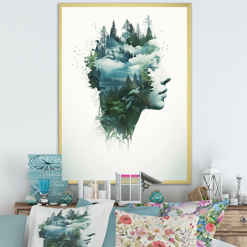 Mindfulness Calming Double Exposure Portrait I - reproduction, Cadre doré simple, H 20 po x l 12 po x P 1 po