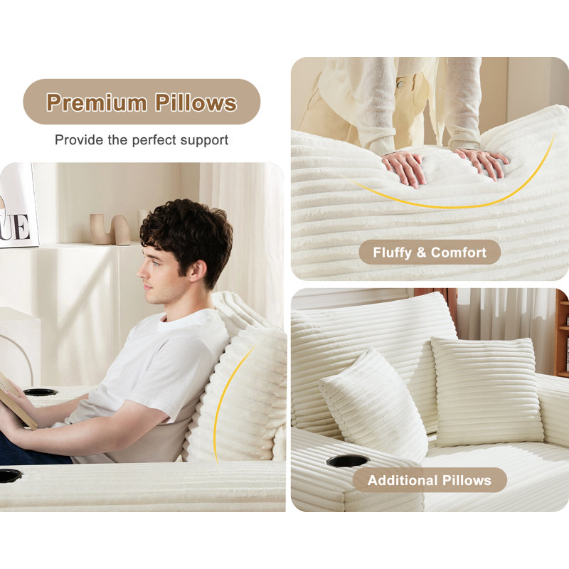 62" Big Compression Upholstered Chaise Lounge Cloud Boneless Sofa Bed Corduroy Bean Bag Chair with Ottoman, Beige Corduroy