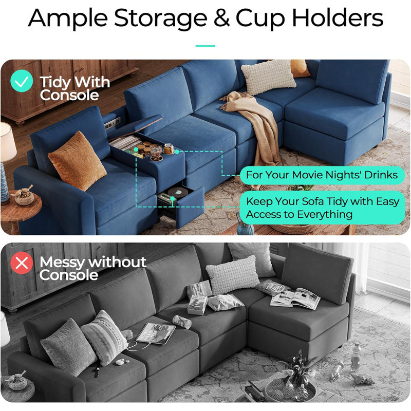 Versatile Console For Rubik I Modular Sectional Sofa - Multifunctional Side Table With Charging Ports, Cup Holders, Storage, And Drawer